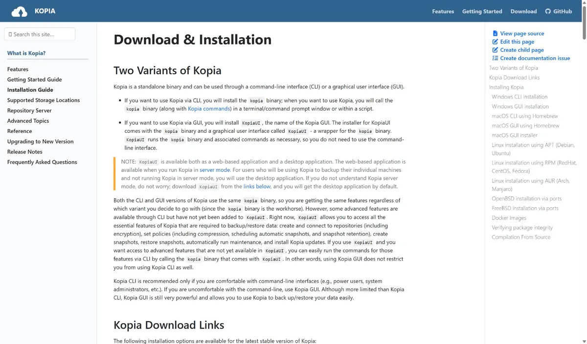Kopia 官方安装文档中的 Windows macOS 与 Linux 安装说明