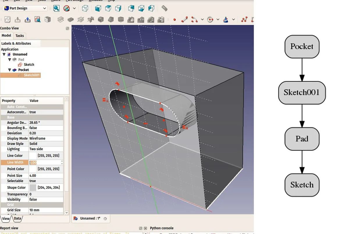 FreeCAD 零件设计工作台中的草图、凸台与凹槽建模界面