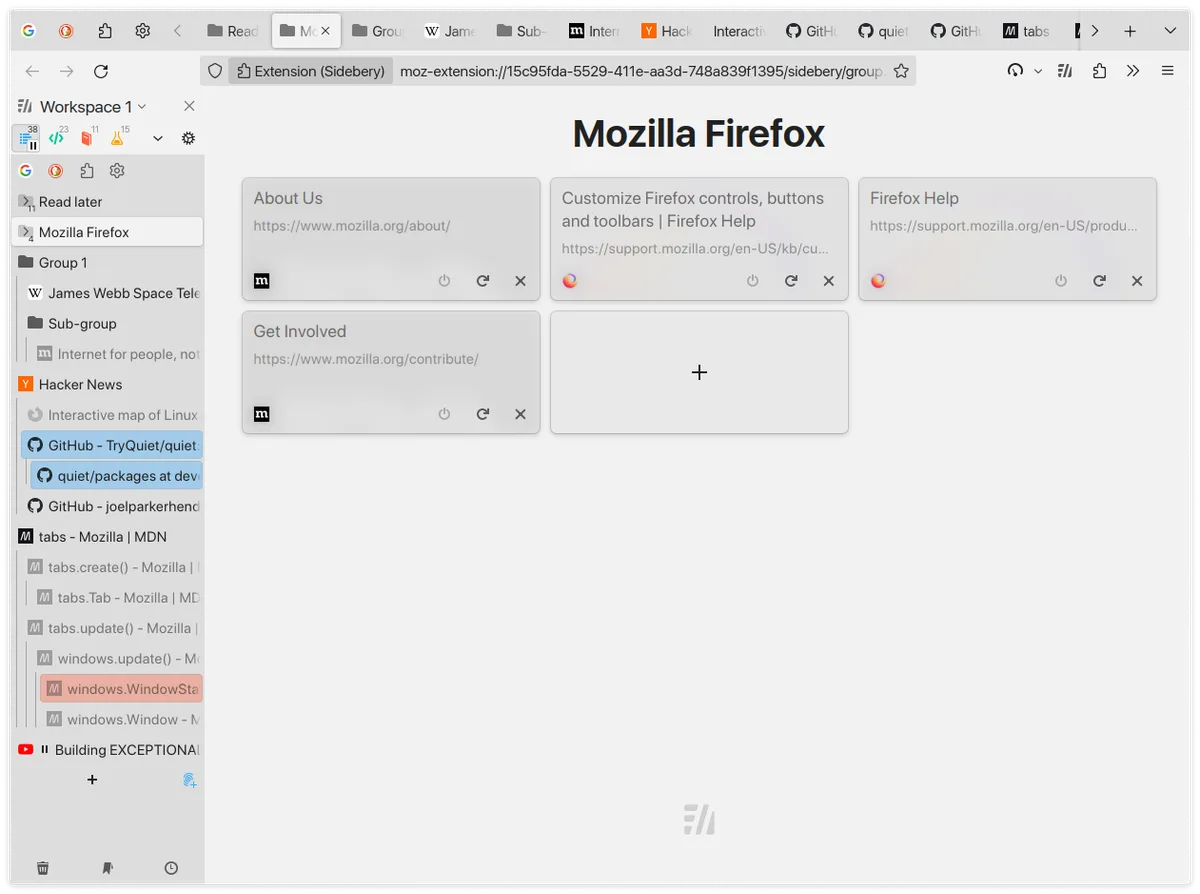 Sidebery 在 Firefox 侧栏中显示树状标签页、分组和工作区