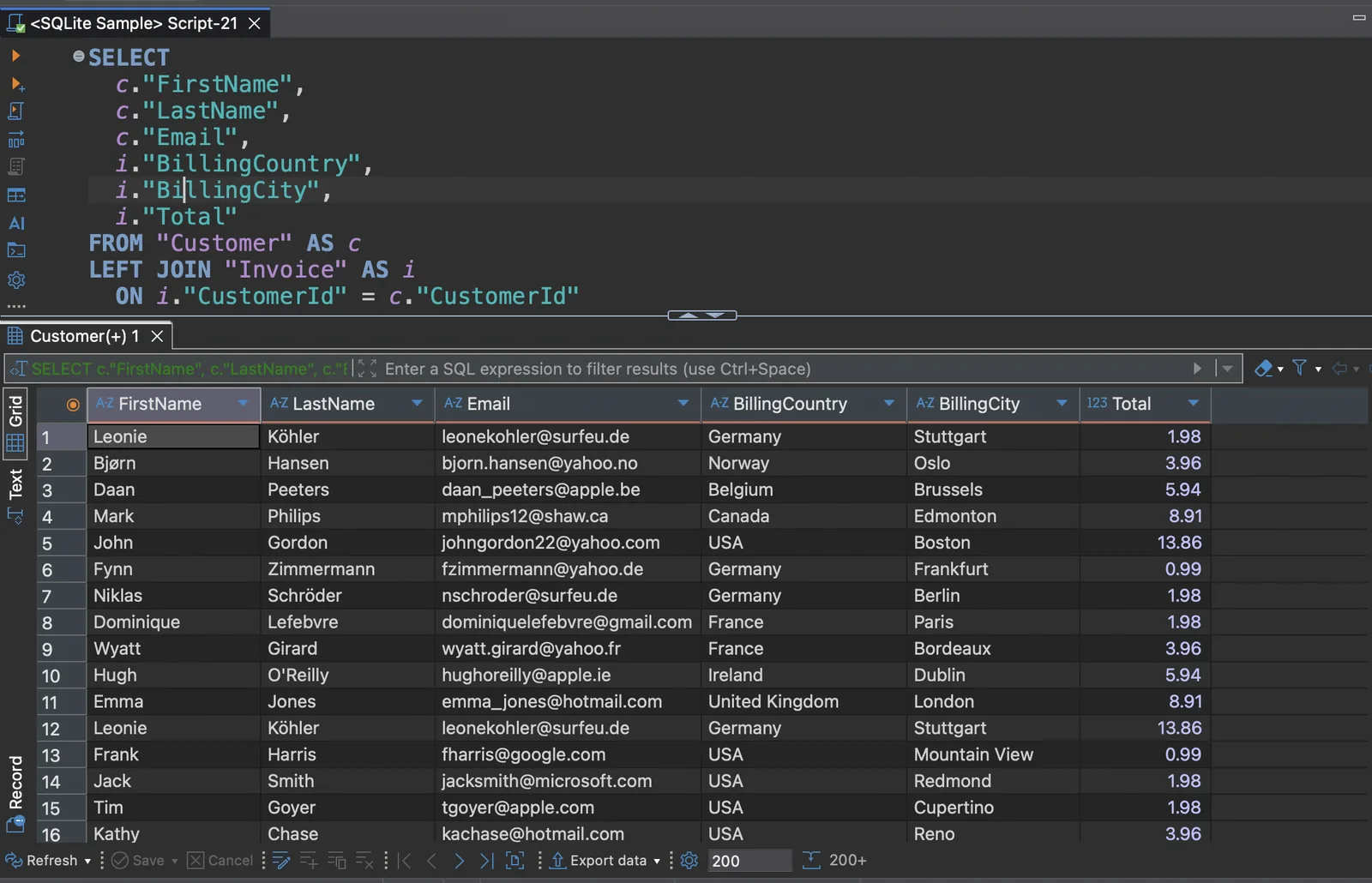 DBeaver SQL 编辑器与查询结果界面