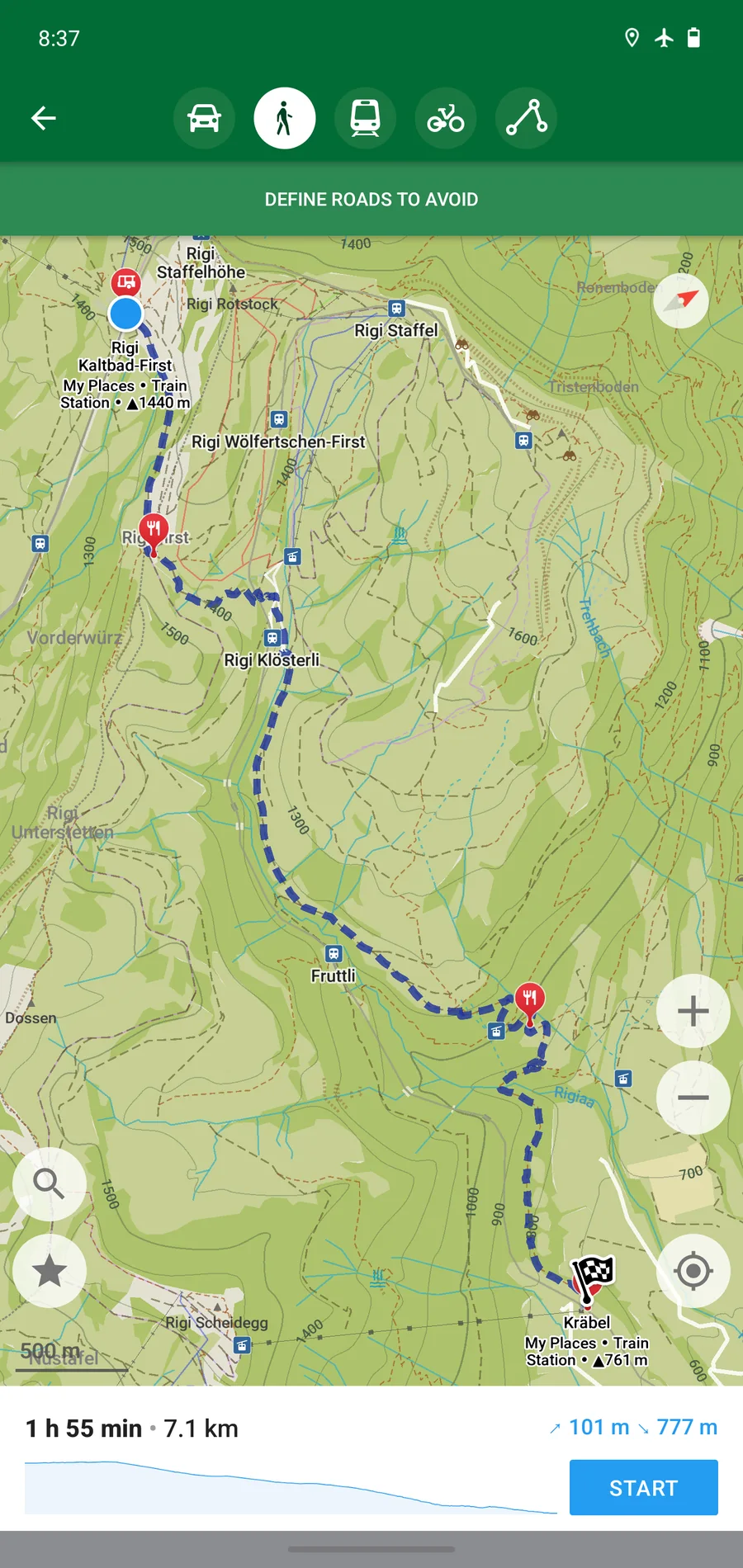 Organic Maps 离线地图规划徒步路线并显示海拔信息的界面