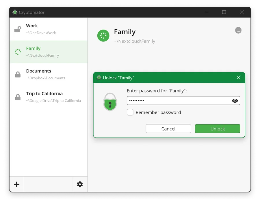 Cryptomator Windows 客户端输入密码解锁云盘保险库界面