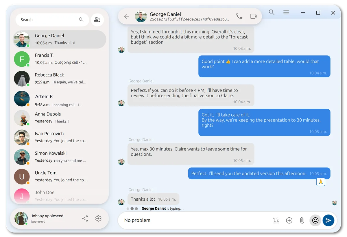 Jami Euclid 桌面版联系人列表和一对一聊天窗口