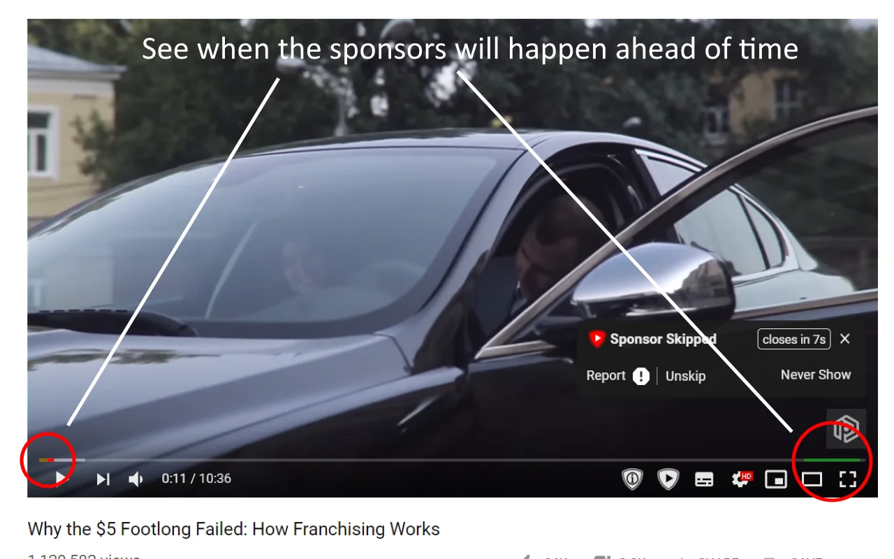 YouTube 播放器中 SponsorBlock 自动跳过赞助片段并标记时间轴
