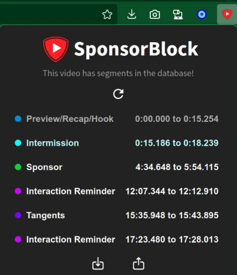 SponsorBlock 弹出面板列出赞助、互动提醒和片头等片段分类