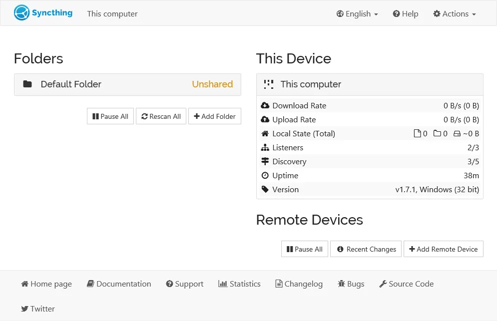 Syncthing Web 管理界面显示本机文件夹、设备状态和同步速率
