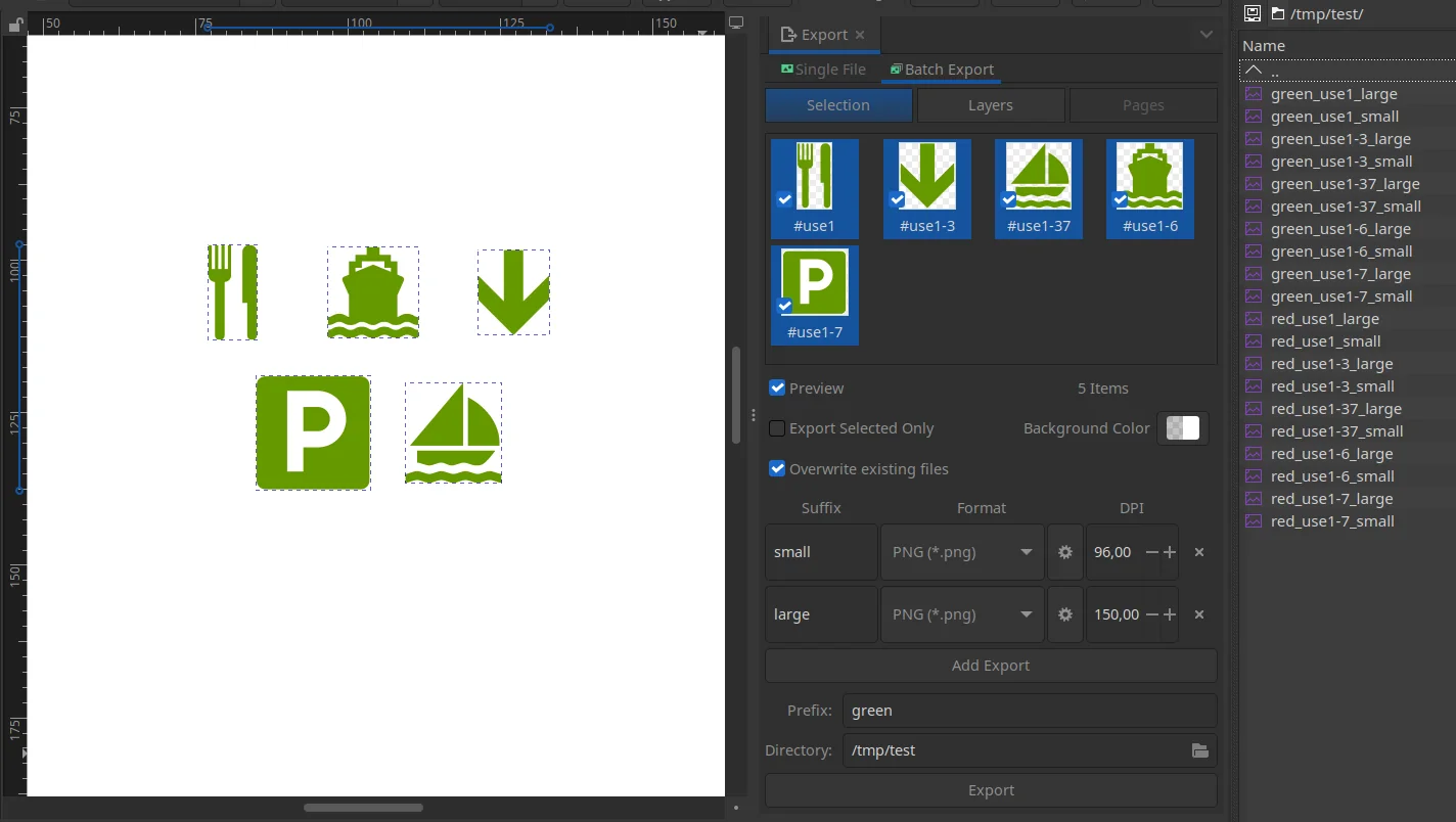 Inkscape 1.4 批量导出面板选择多个对象并设置尺寸与格式