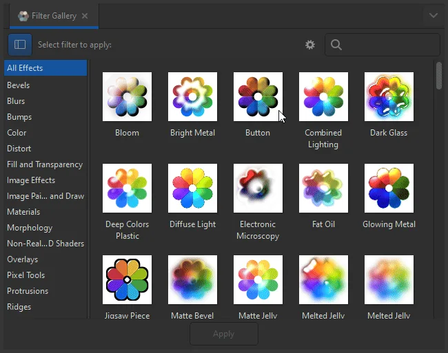 Inkscape 1.4 滤镜图库显示分类、预览缩略图和搜索框