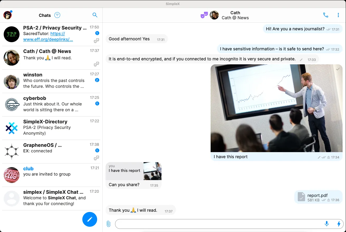 SimpleX Chat 桌面端显示会话列表、加密聊天、图片与文件传输