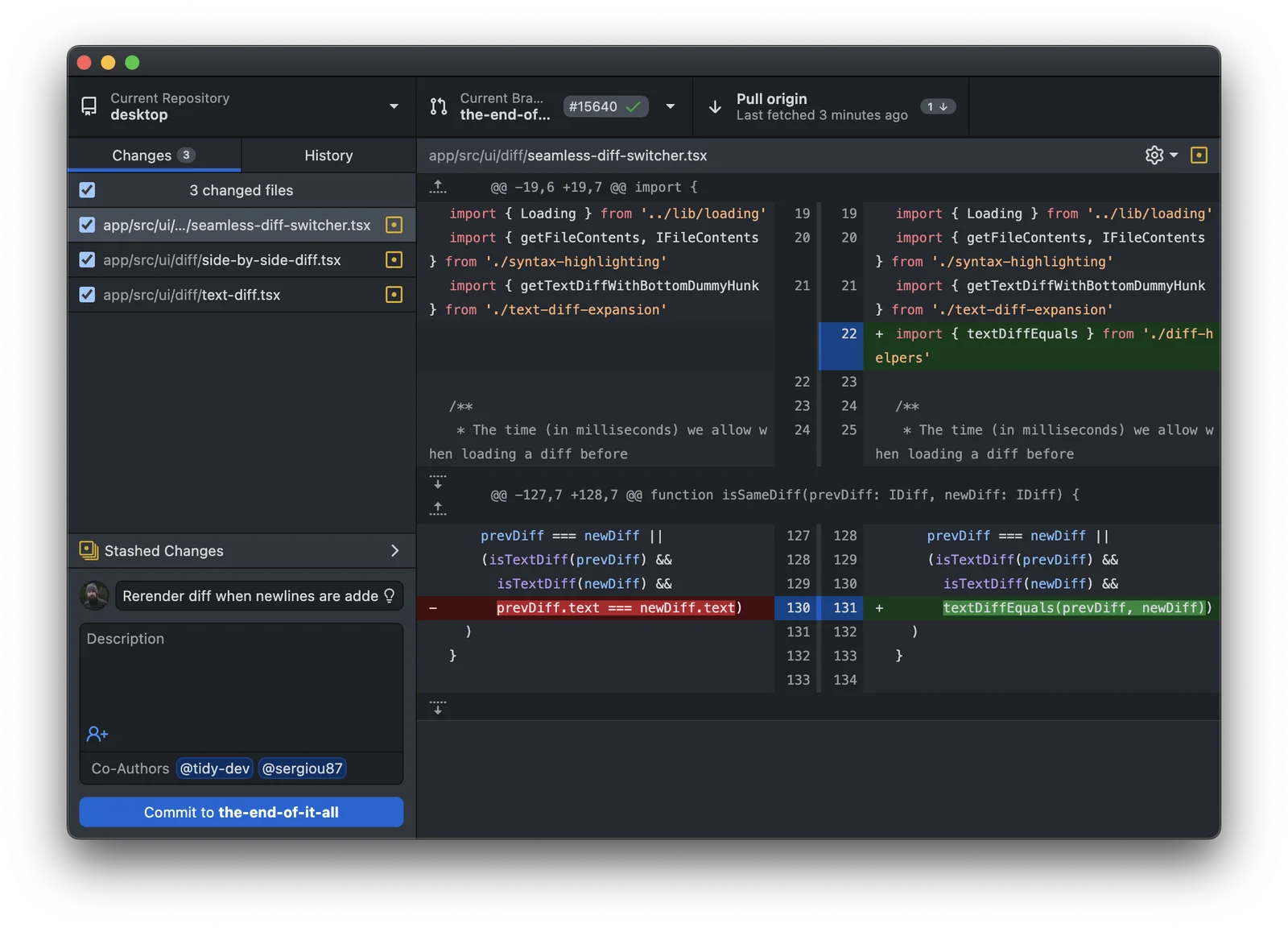 GitHub Desktop 深色界面显示文件变更、代码差异和提交按钮