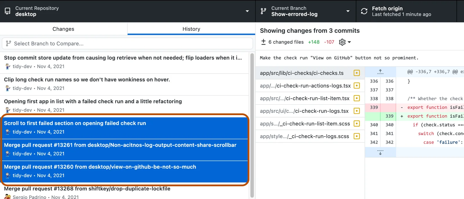 GitHub Desktop 历史记录中选择三次连续提交并查看文件差异