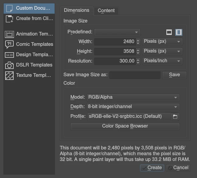 Krita New建图像对话框显示宽高、分辨率、RGB 色彩模型和每通道八位整数选项