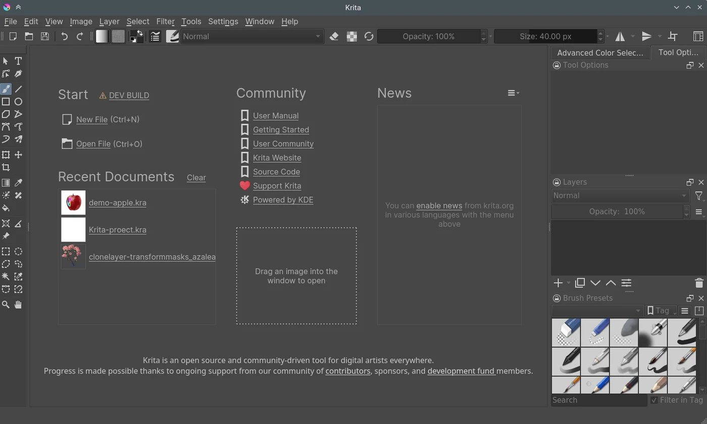 Krita 官方手册的启动界面示例,显示New建图像入口、最近文档、图层和笔刷预设面板