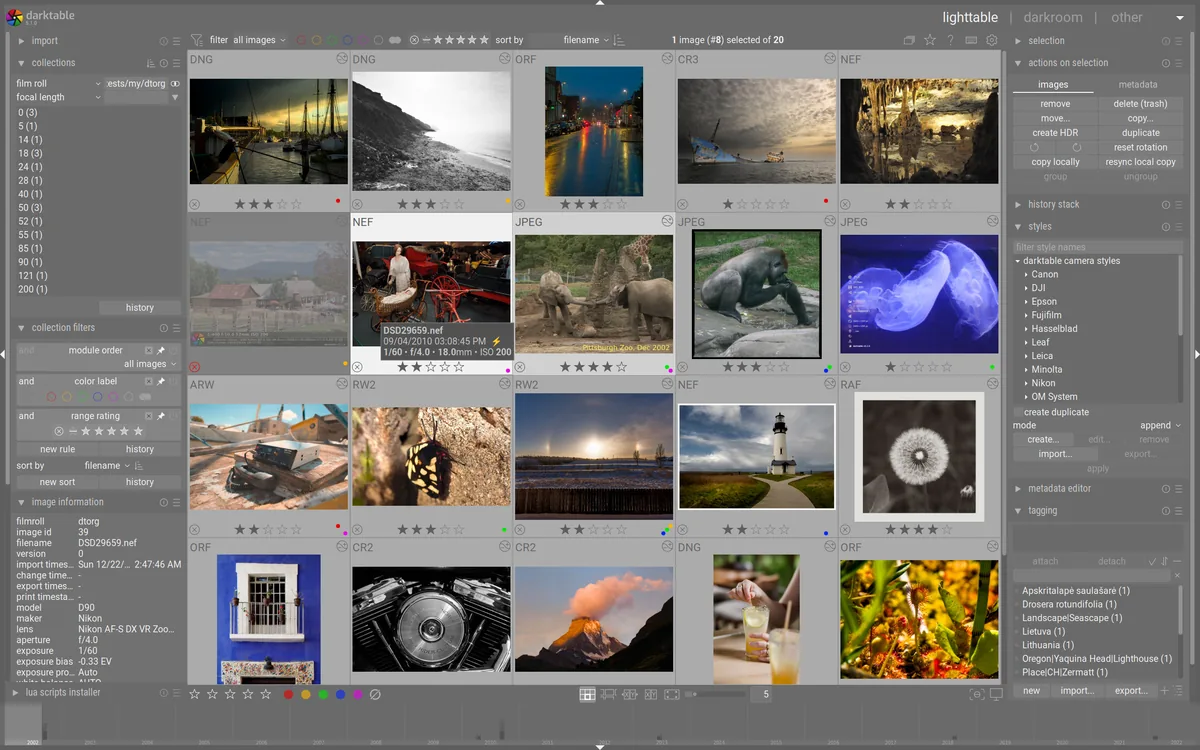 darktable 光桌模式展示照片集合、筛选条件、评级标签和图像信息面板