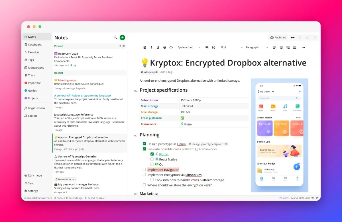 Notesnook 桌面端展示笔记列表、编辑器、标签和格式Tools栏