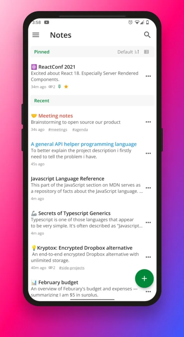 Notesnook 手机端展示笔记列表、Search和New建笔记按钮