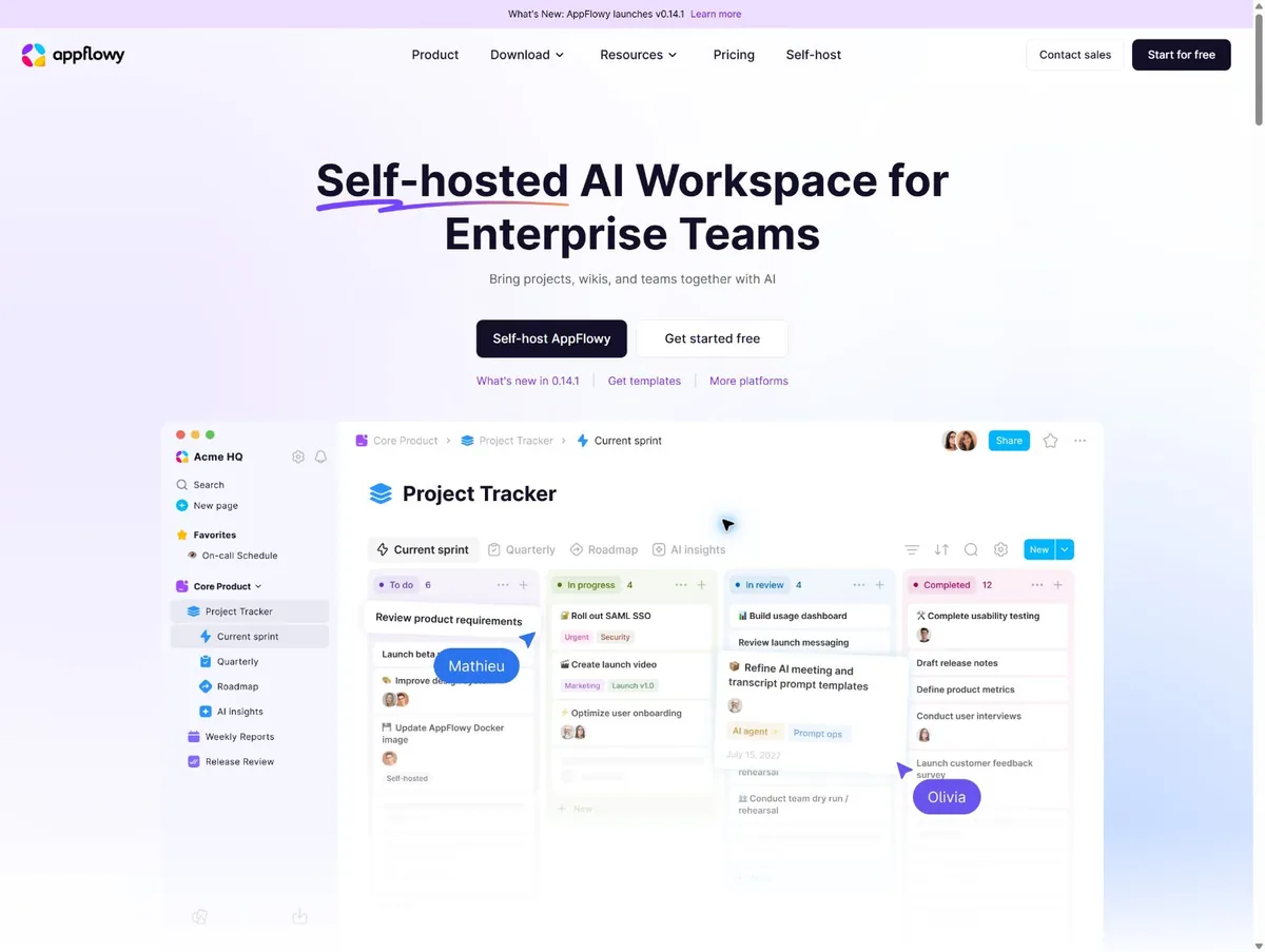 AppFlowy 官方网站Home,展示文档与协作工作区界面