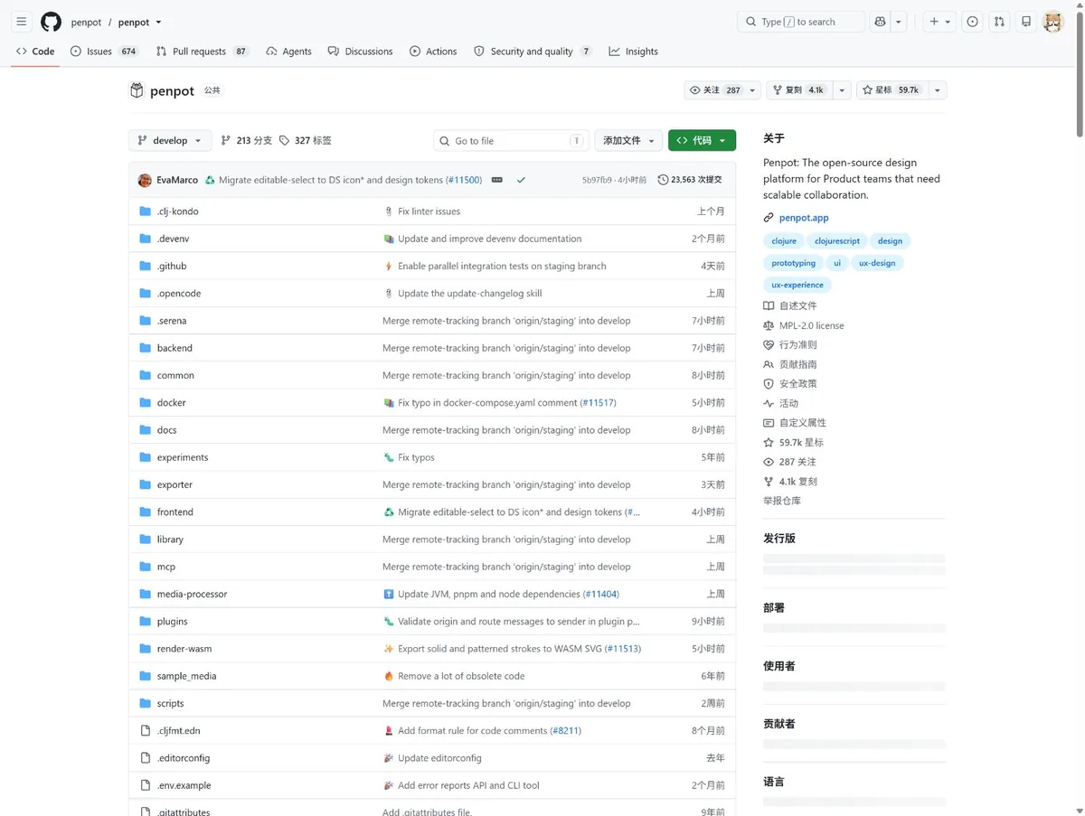 Penpot 官方 GitHub 仓库页面,显示开源设计平台和 MPL 许可证