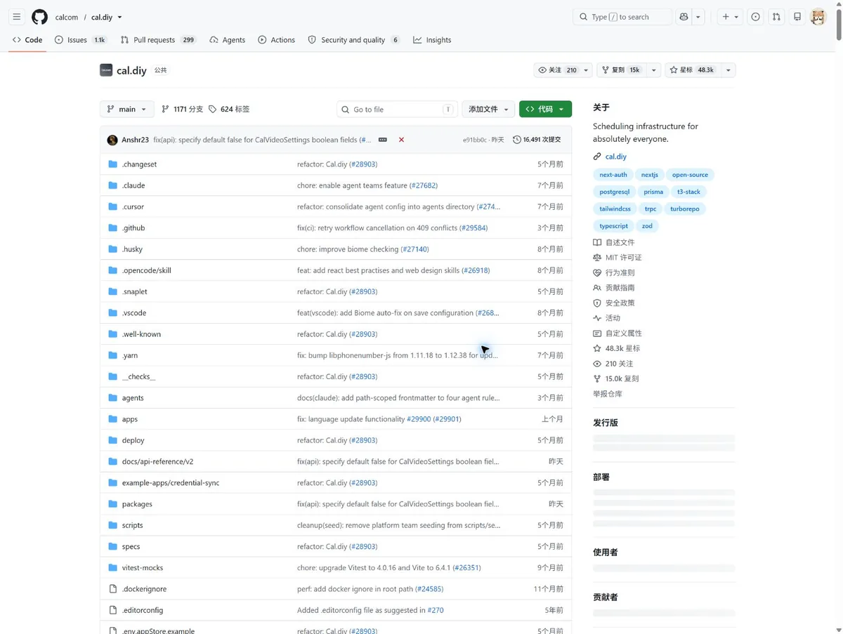 Cal.diy 官方 GitHub 仓库页面,显示Community自托管日程项目