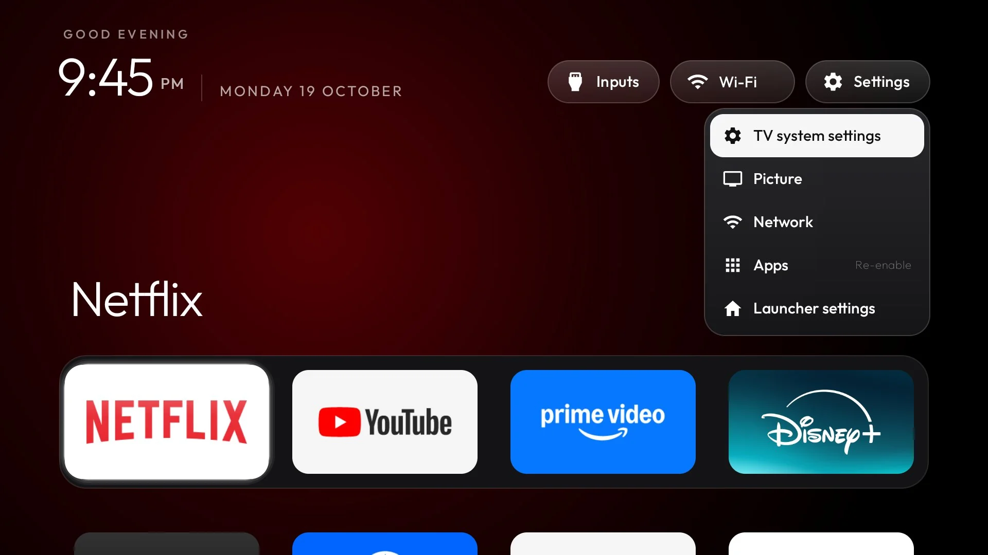 CleanYourTV 桌面快捷设置界面,显示输入源、网络、电视系统设置和桌面设置